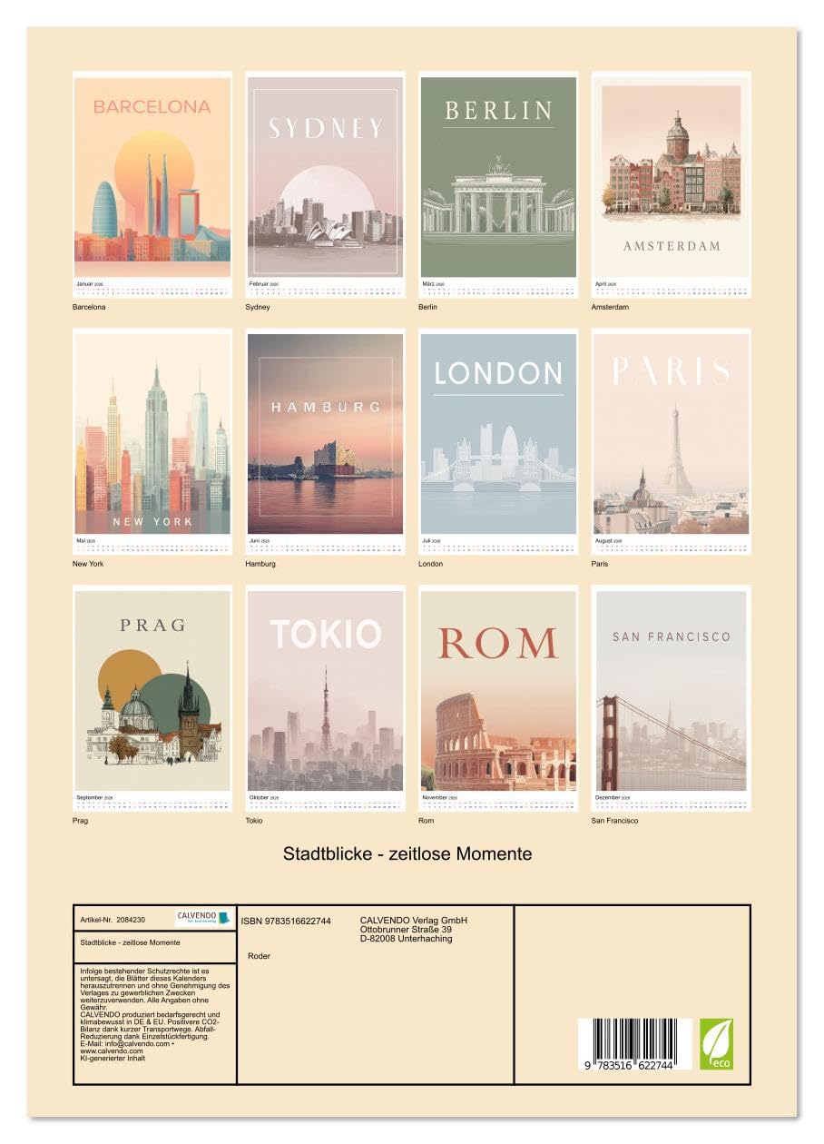 Stadtblicke - zeitlose Momente (hochwertiger Premium Wandkalender 2026 DIN A2 hoch), Kunstdruck in Hochglanz: Ikonen der Welt in sanften Farben neu erlebt. (CALVENDO Orte)
