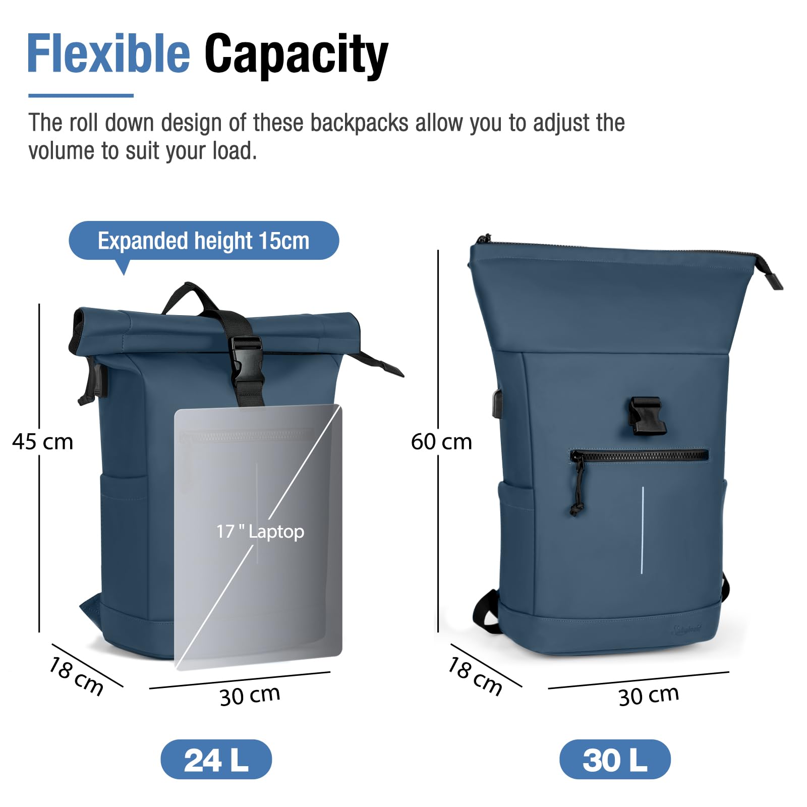 Lekeinchi Zaino Rolltop Uomo Donna Porta PC 17 Pollici | Zaino Impermeabile Uomo Donna - Rains Zaino con Strisce Riflettenti - Zaino da Viaggio Espandibile - Casual Lavoro Università - Blu XL