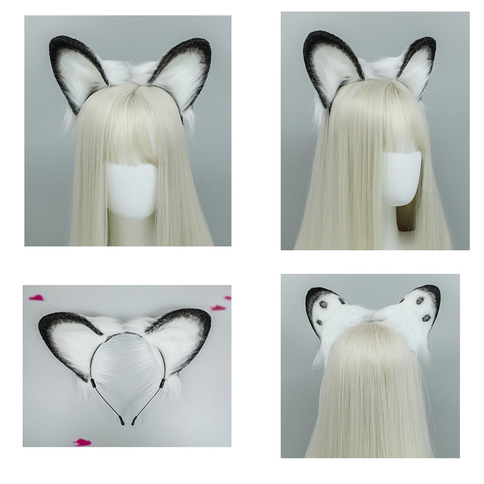 White Faux Fur Spotted Snow Leopard Plush Ears Headband with Tail Animal Cosplay Halloween Costume Set