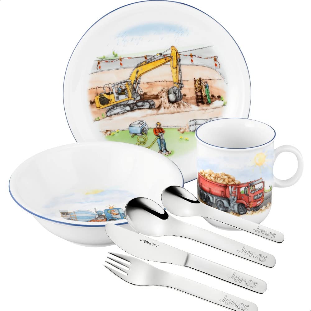 Kinderset Auf der Baustelle 7tlg. mit Gravur (z.B. Namen) personalisiertes Kinderbesteck + Kindergeschirr Bagger Baumaschinen