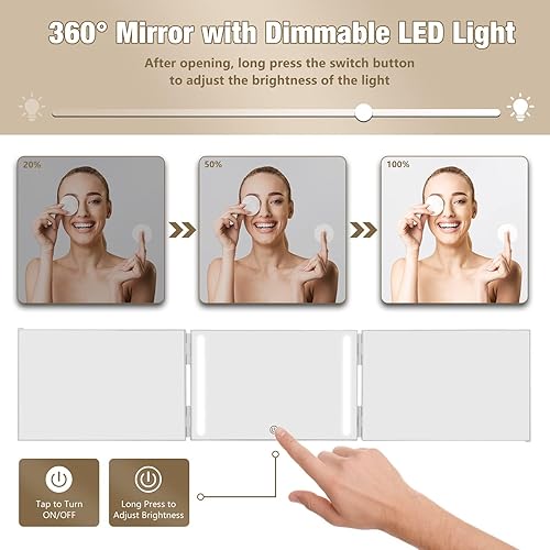 Miniatura 3 de Dripex Espejo de 3 vías para corte de cabello automático, espejo recargable de 360 con luces LED, espejo de corte de pelo triple con ganchos