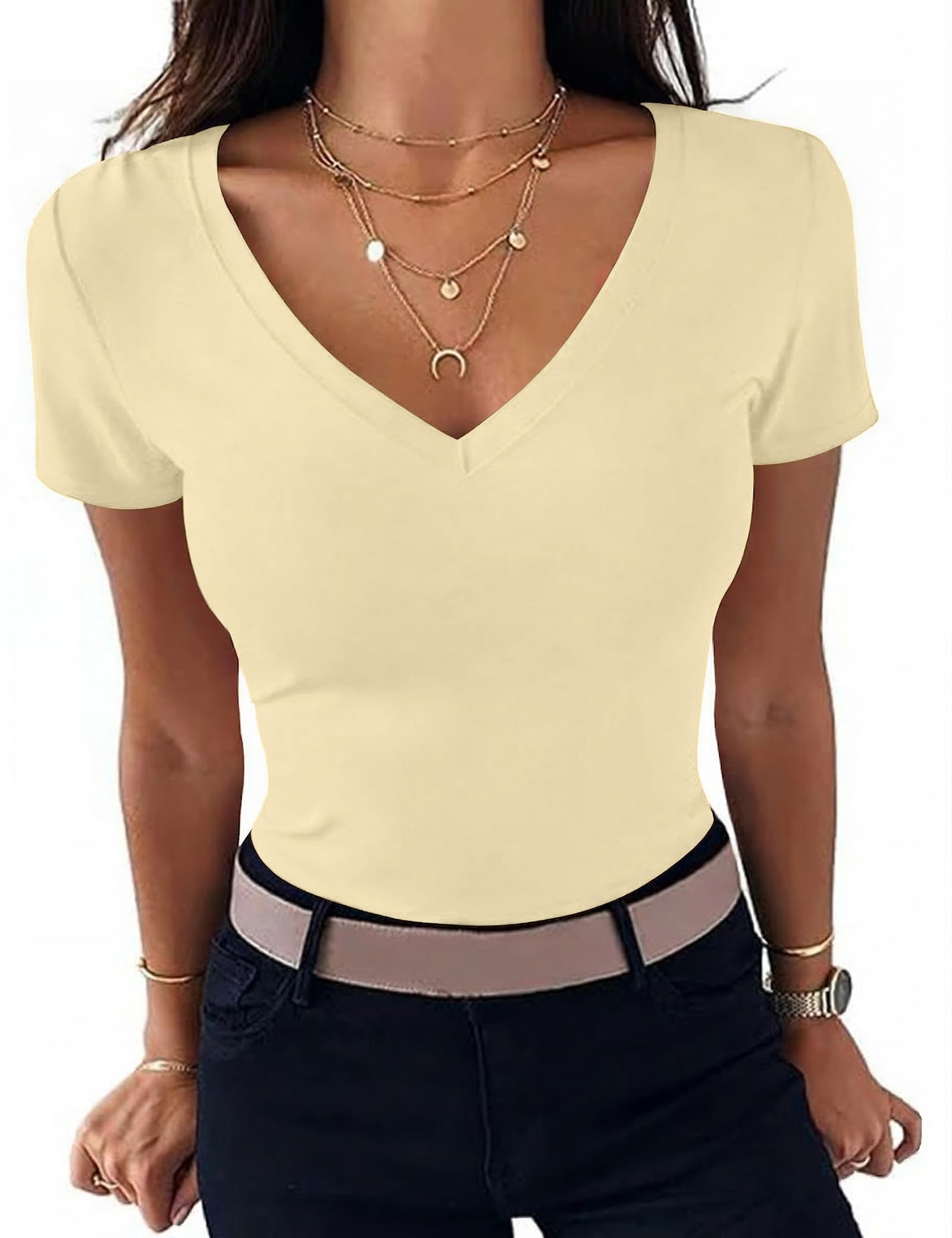 Totatuit Damen T-Shirt Sexy Kurzarm Shirt Mit V-Ausschnitt Sommer Basic Top Slim Fit Stretch Oberteil