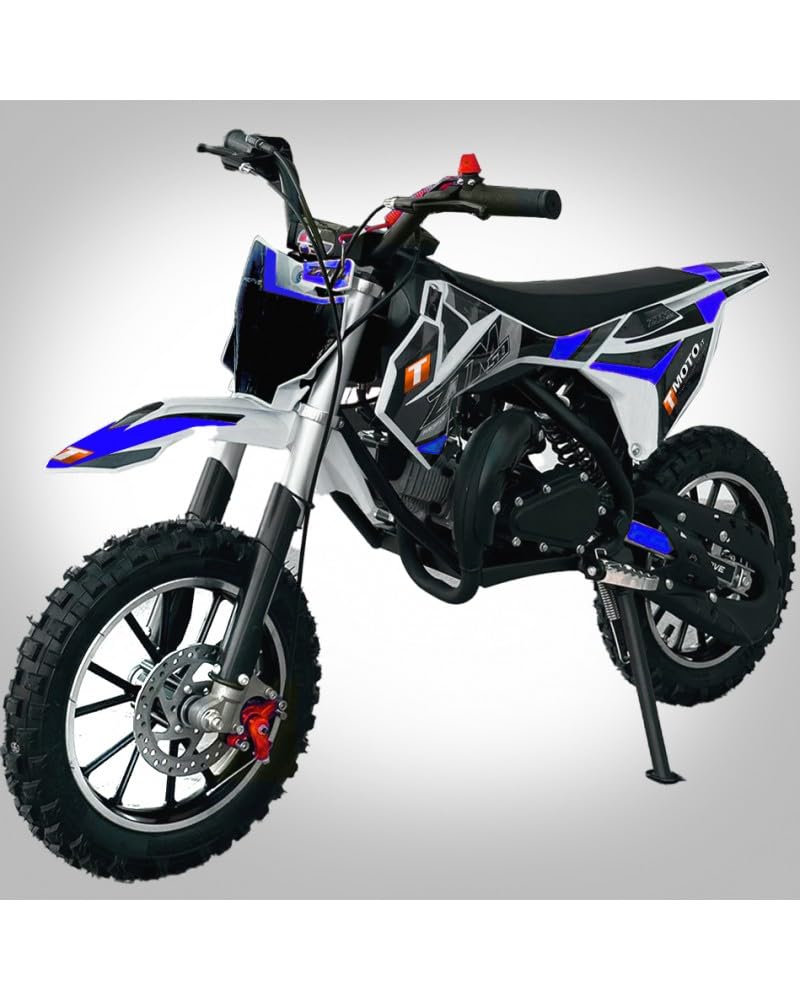 T-MOTO Mini Moto Cross ZTM RUOTA 10/10, Mini Motocross 50cc con Braccialetto di Sicurezza, Minicross 50cc 2 tempi 4cv tuning Uso Off-road, Moto bambini (Blu)