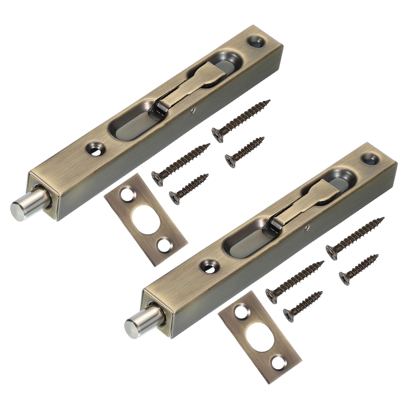 sourcing map Door Flush Bolts 5.91 x 0.79 Inch Bolt Latch for Double Doors, Flip Lever Mechanism French Doors Composite Wood Double Brush Stainless Steel Finish Sliding Door Bronze, Pack of 2