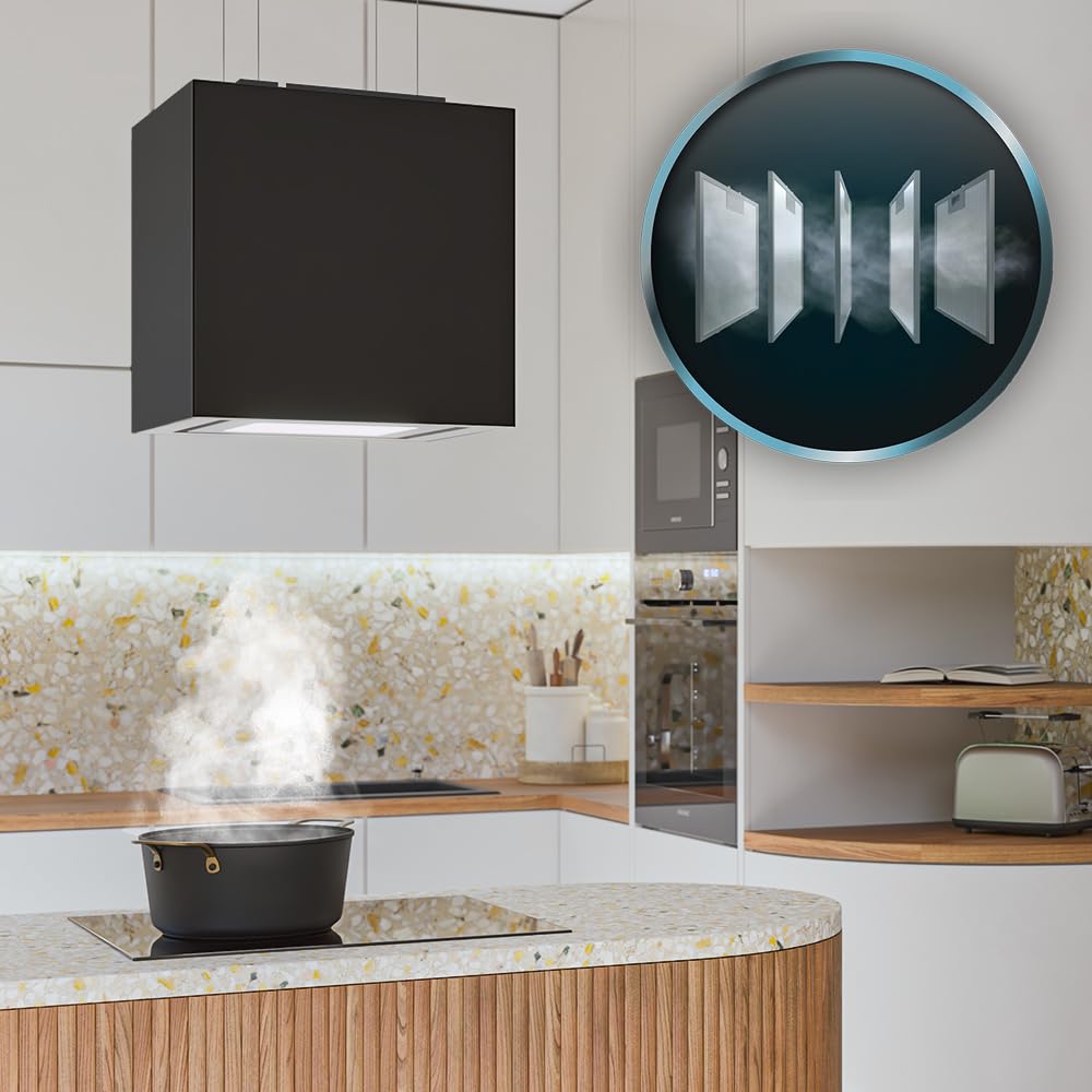 Cecotec Hotte Aspirante 44cm îlot Carré Bolero Flux Cct 448000 Glass Black A++. Finition Verre Noir, Aspiration 800M3/H, Moteur 210W, 3 Puissances, Filtre Charbon