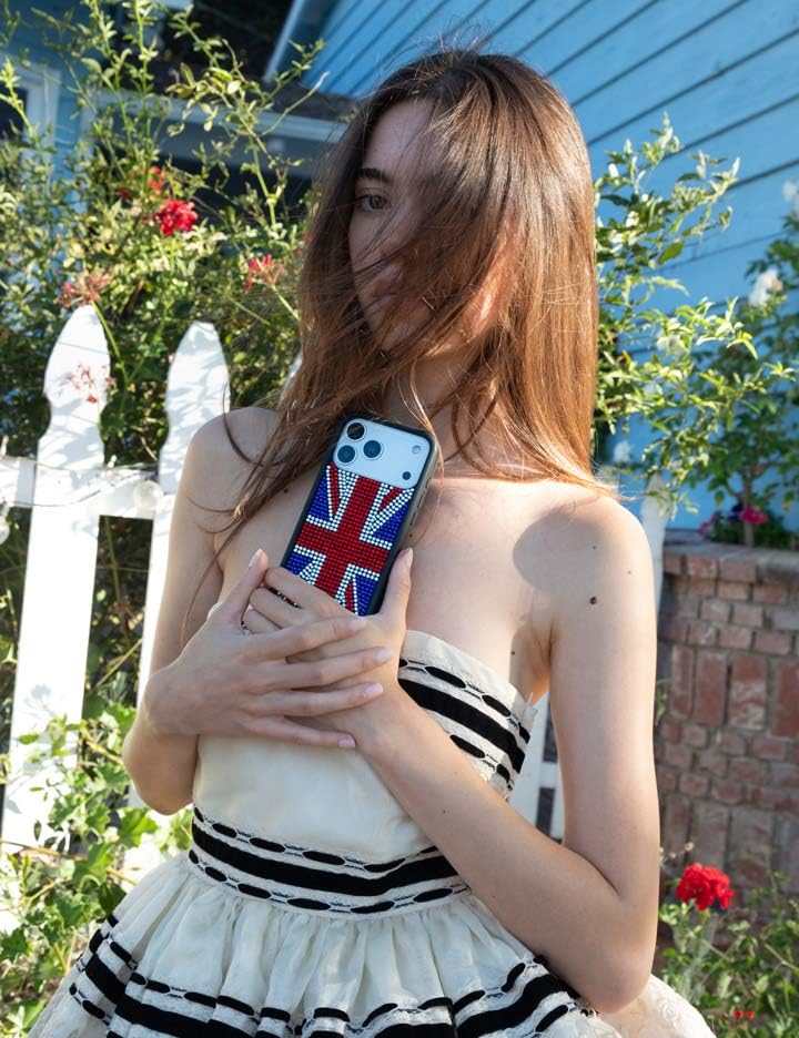 Image of Wildflower Cases - Compatible with iPhone 16 Pro Max | Protective Black Bumper, 6.5ft Drop Test Certified, Women Owned Small Business | Rhinestone Union Jack