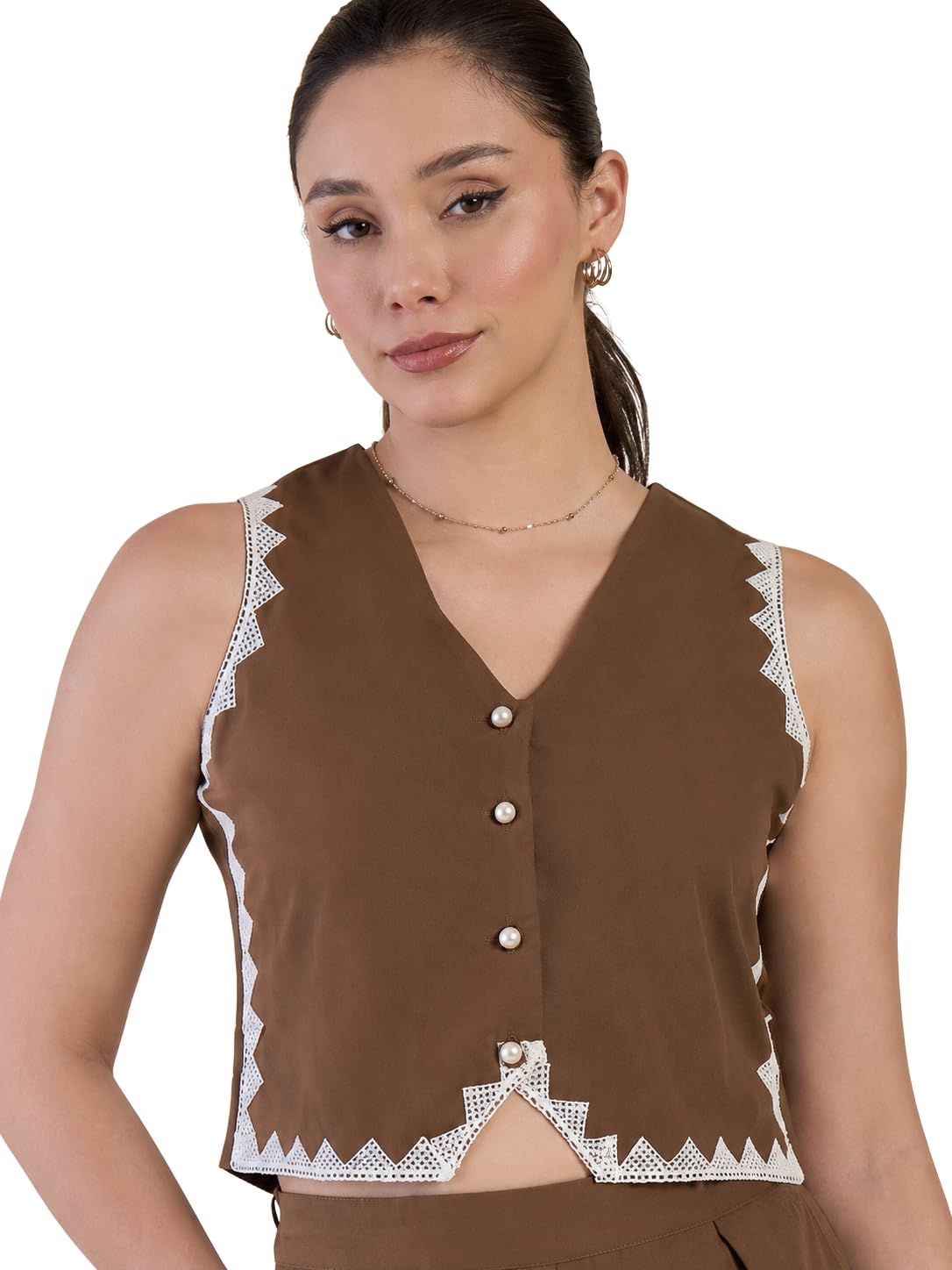 winered Women Solid Sleeveless V-Neck Lace Detail Waistcoat-picture-32