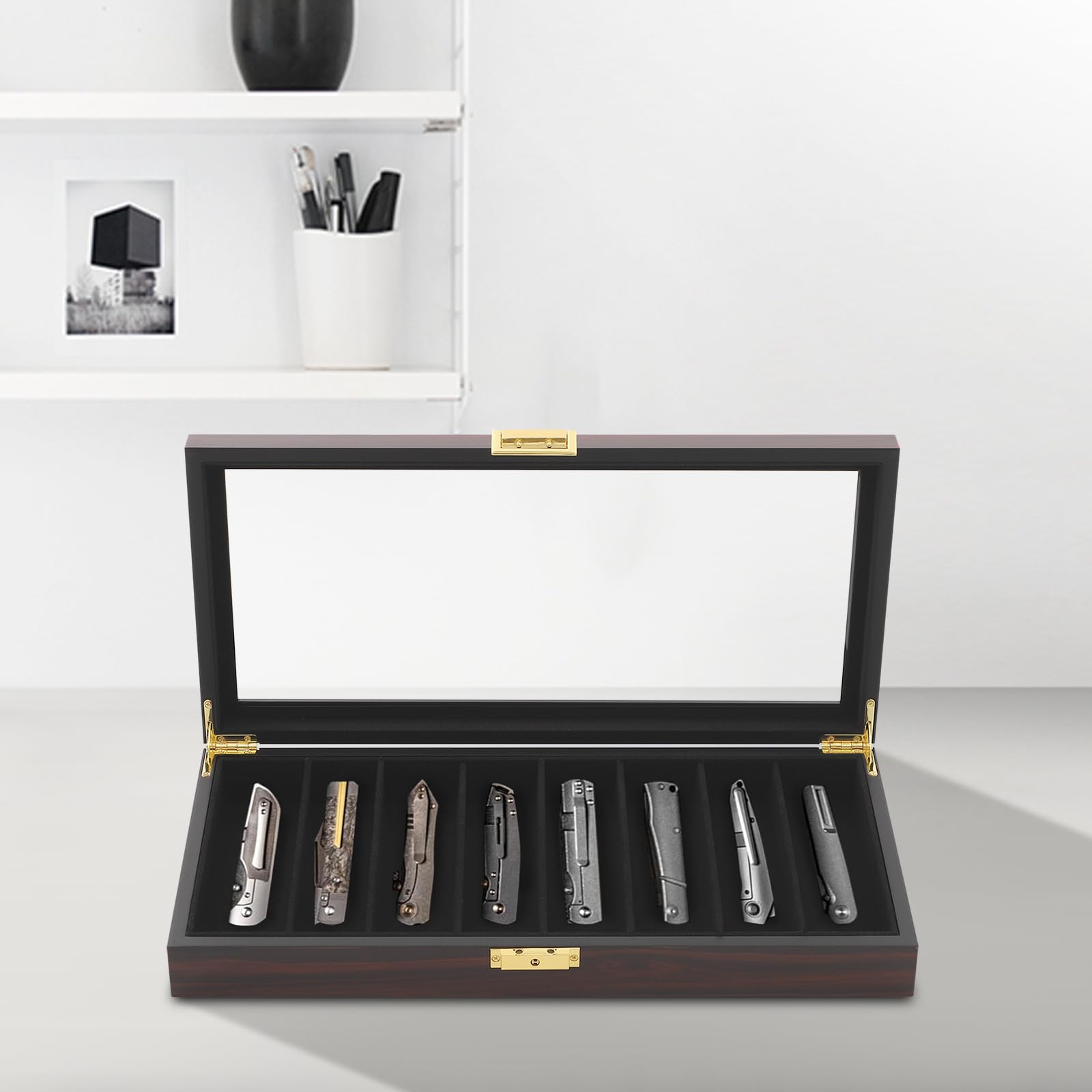 Présentoir à couteaux de poche pour 8 couteaux, aspect ébène, doublure en flanelle, fenêtre en verre, serrure en métal, organisateur et boîte de collection, cadeau pour homme