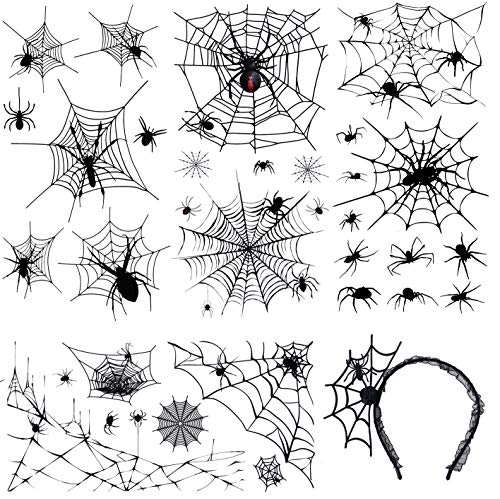 4 Sheets Spider Temporary Tattoos - Included 30+ Pcs Halloween Spider Web Tattoos and Bonus Spider Headband for Halloween Costume Accessories and Parties