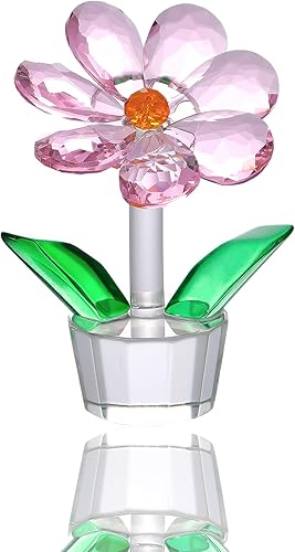 Flores rosas de cristal con jarrón de cristal, regalos coleccionables para mujeres, figuras florales artificiales de flores de cristal rosa para