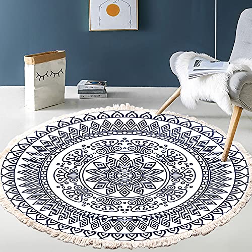 Vintage Boho Cotton Rugs, Mandala Pattern, Washable Hand Woven Bohemian Round Rug with Tassels for Bedroom Hallway
