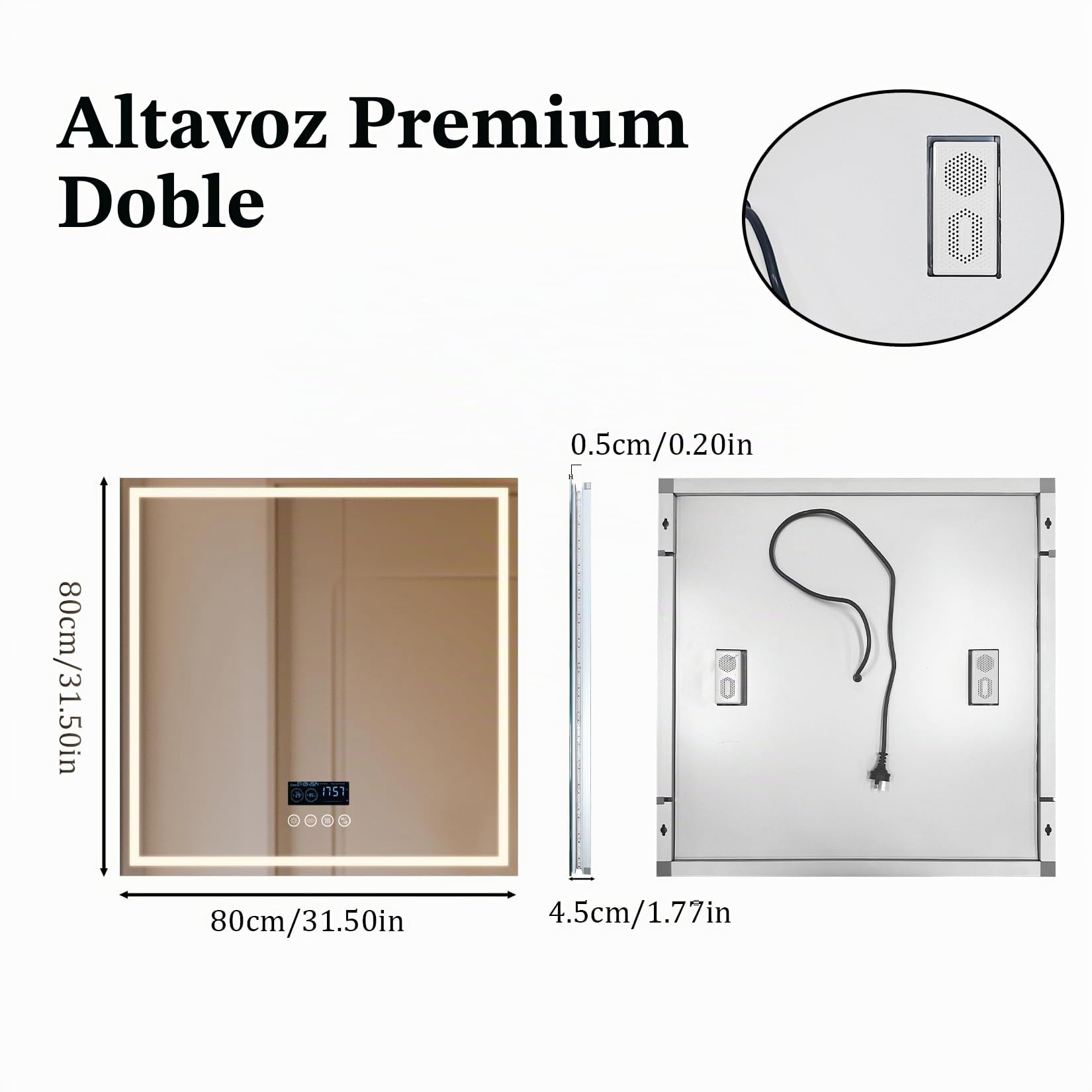 LUVODI Espejo Baño Led con Luz Bluetooth: 80x80 cm Espejo Pared Antivaho Cuadrado Espelho Banho Lavavo con 2 Altavoz Luz Frontal y Retroiluminado 3 Color de Led Regulable, Memoria, Certificado CE
