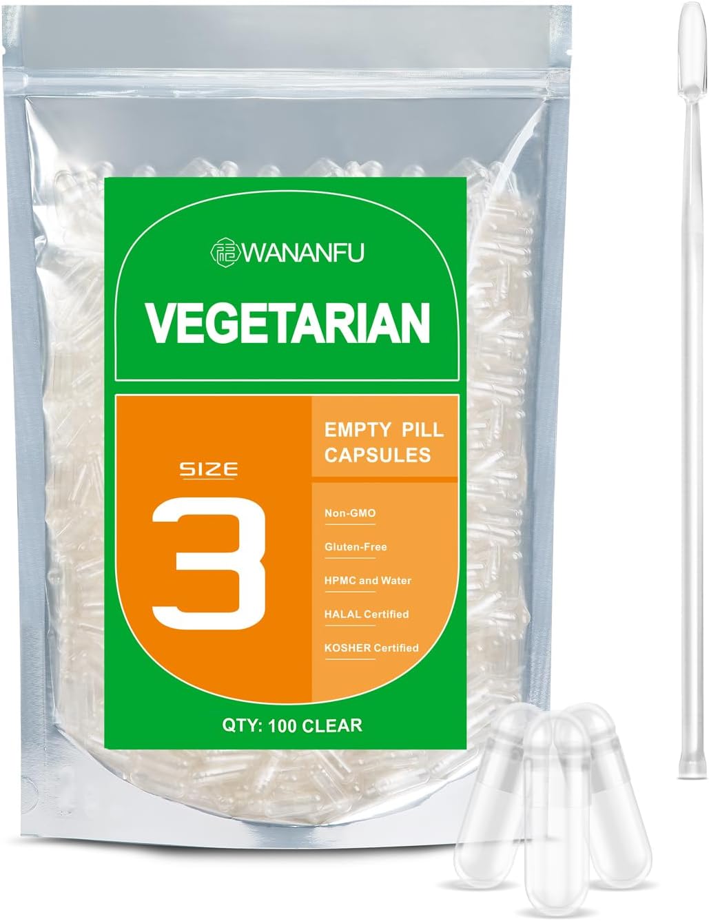 WANANFU Size 3 Empty Capsules Vegetarian (100 Count) Bundle with 2 Micro Lab Spoons, Compatible with Capsule Filling Machine Size 3