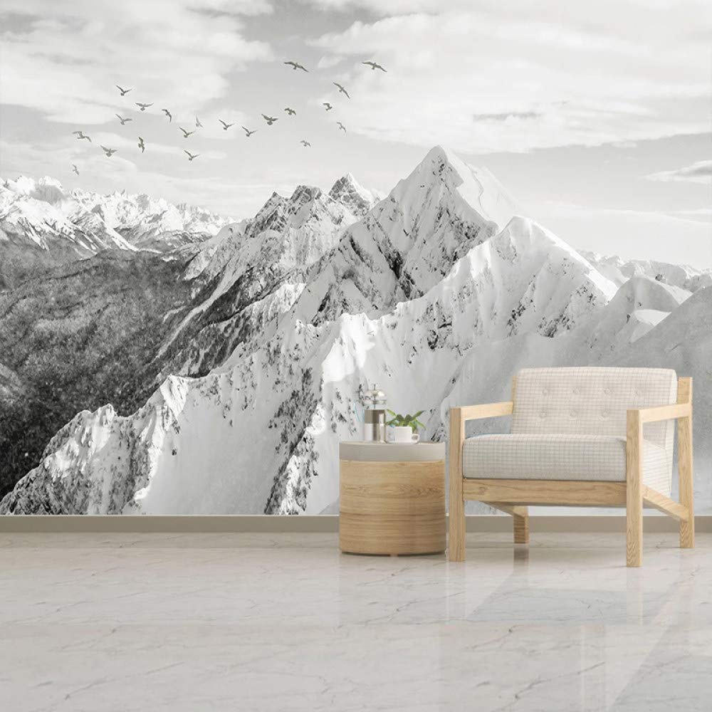 Carta Da Parati Adesiva,Moderno Nero Bianco Neve Montagna Uccello Stormo Paesaggio Grande Carta Da Parati Autoadesiva Buccia E Bastone Carta Di Contatto Staccabile Vinile Murale Adatto Per Soggiorno