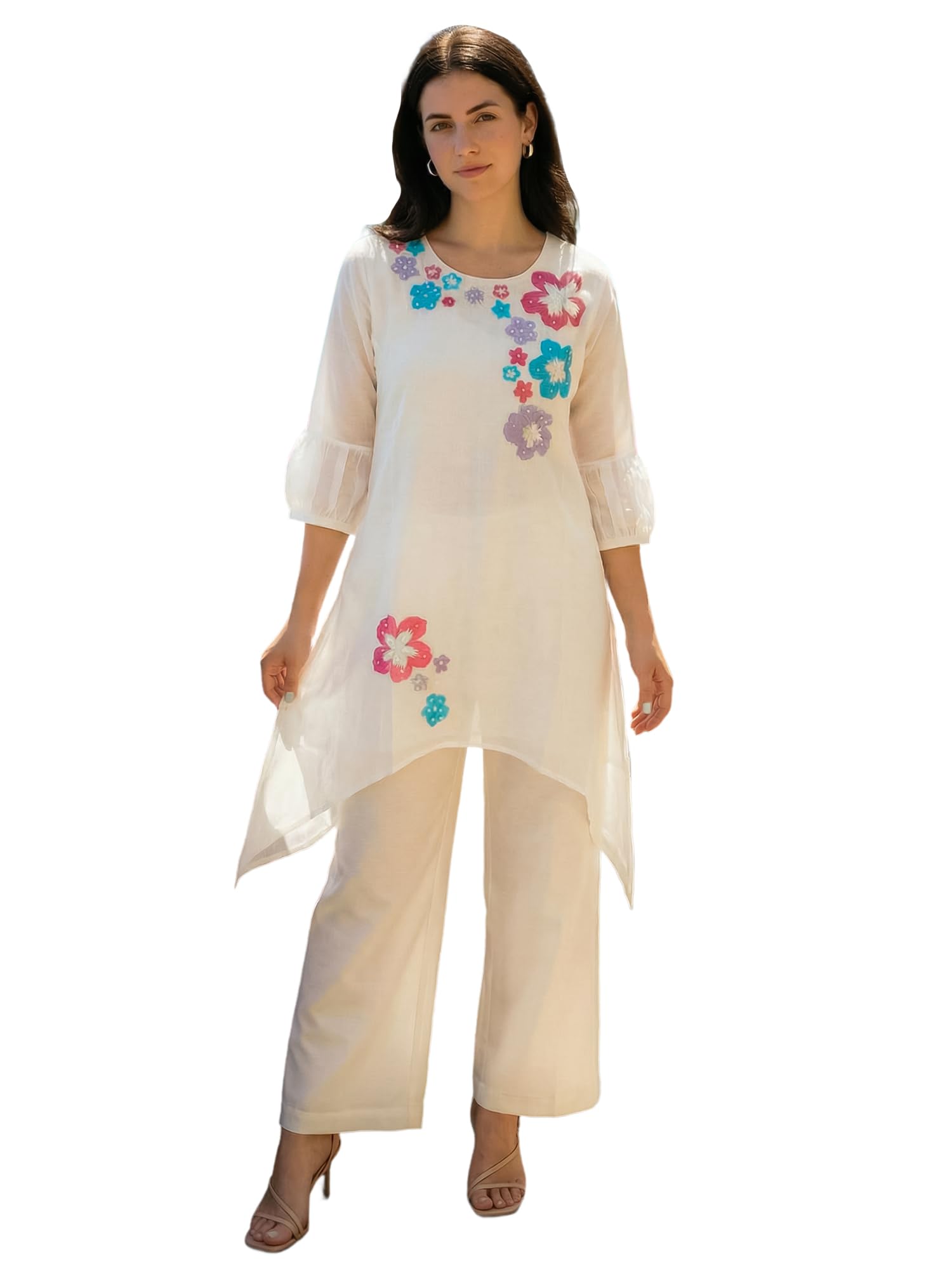 Indo Era Women's Pure Cotton Floral Embroidered A-Line Kurta & Palazzo Set (IEAI12521) in neutral