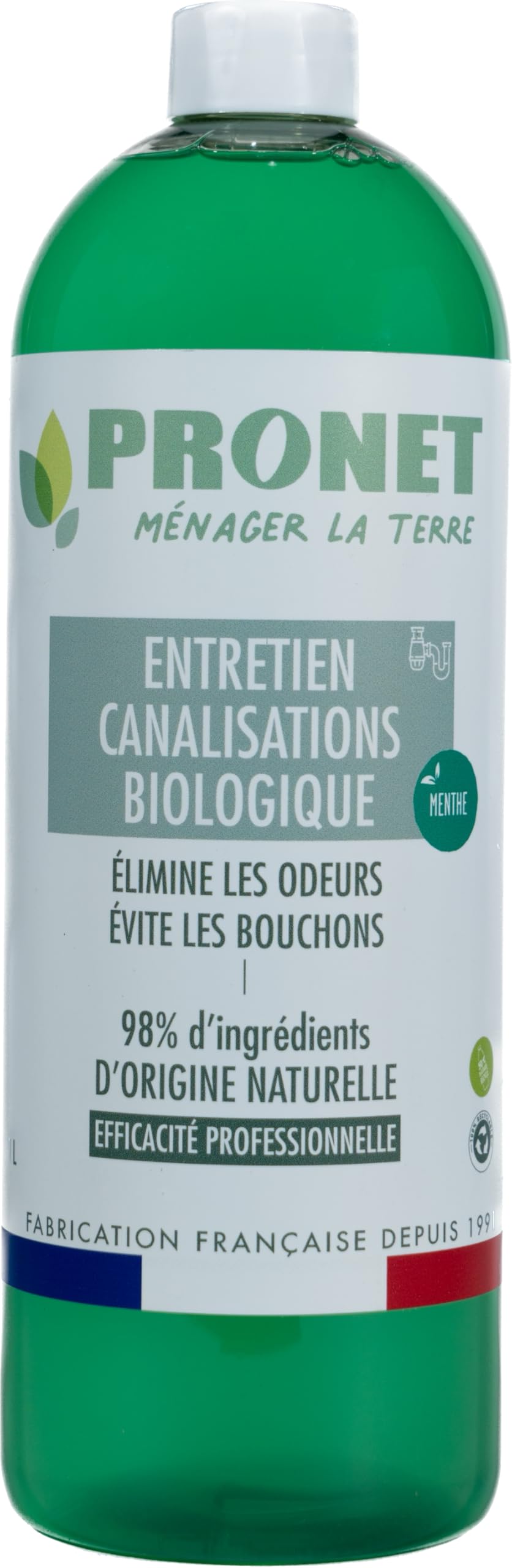 PRONET NATURE - Gel Entretien canalisation Biologique - Elimine les mauvaises odeurs, évite la formation de bouchons - 98% ingredients naturels - Fosse septique - Usage préventif - Senteur Menthe - 1L