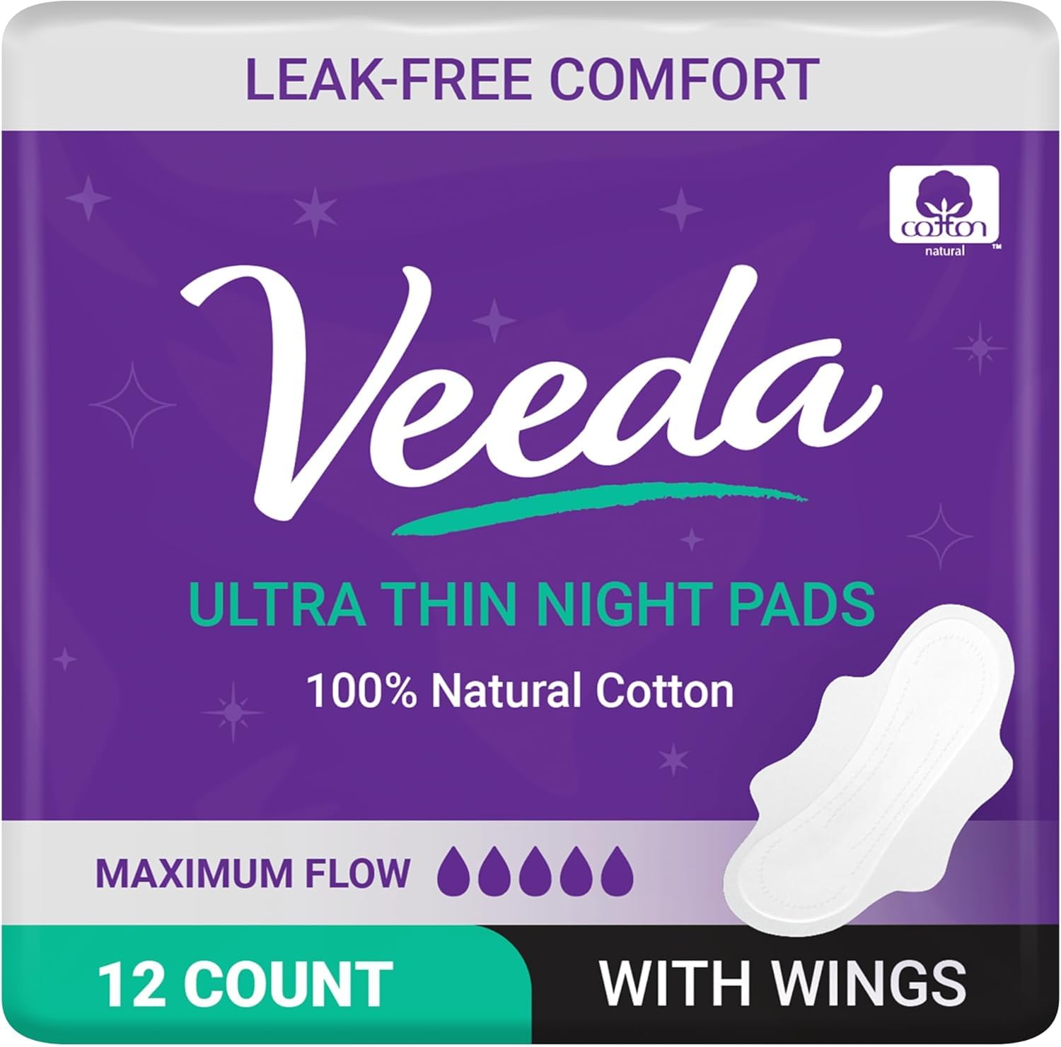 Veeda Natural Cotton Night Pads for Women - Overnight Heavy Flow Absorbent Ultra-Thin Feminine Pad - Hypoallergenic Period pads with Wings - Unscented & Chlorine free Sanitary Napkins - 12 Count