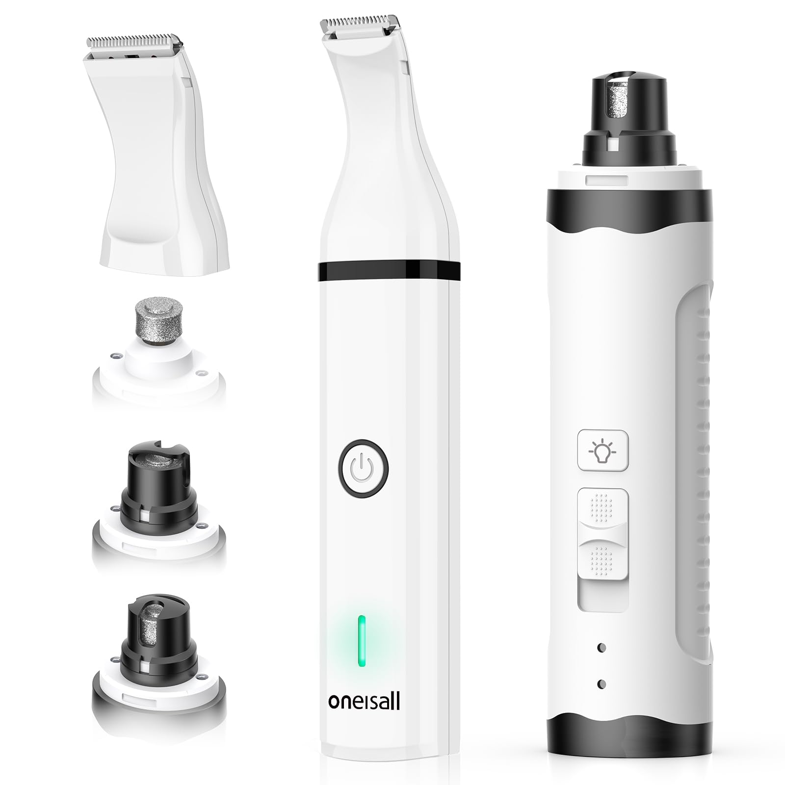 oneisall Dog Nail Grinder and Paw Trimmer Kit 3 in 1 Quiet Rechargeable Electric Pet Nail Grinder with 2 LED Lights and Cordless Dog Grooming Safe Clippers
