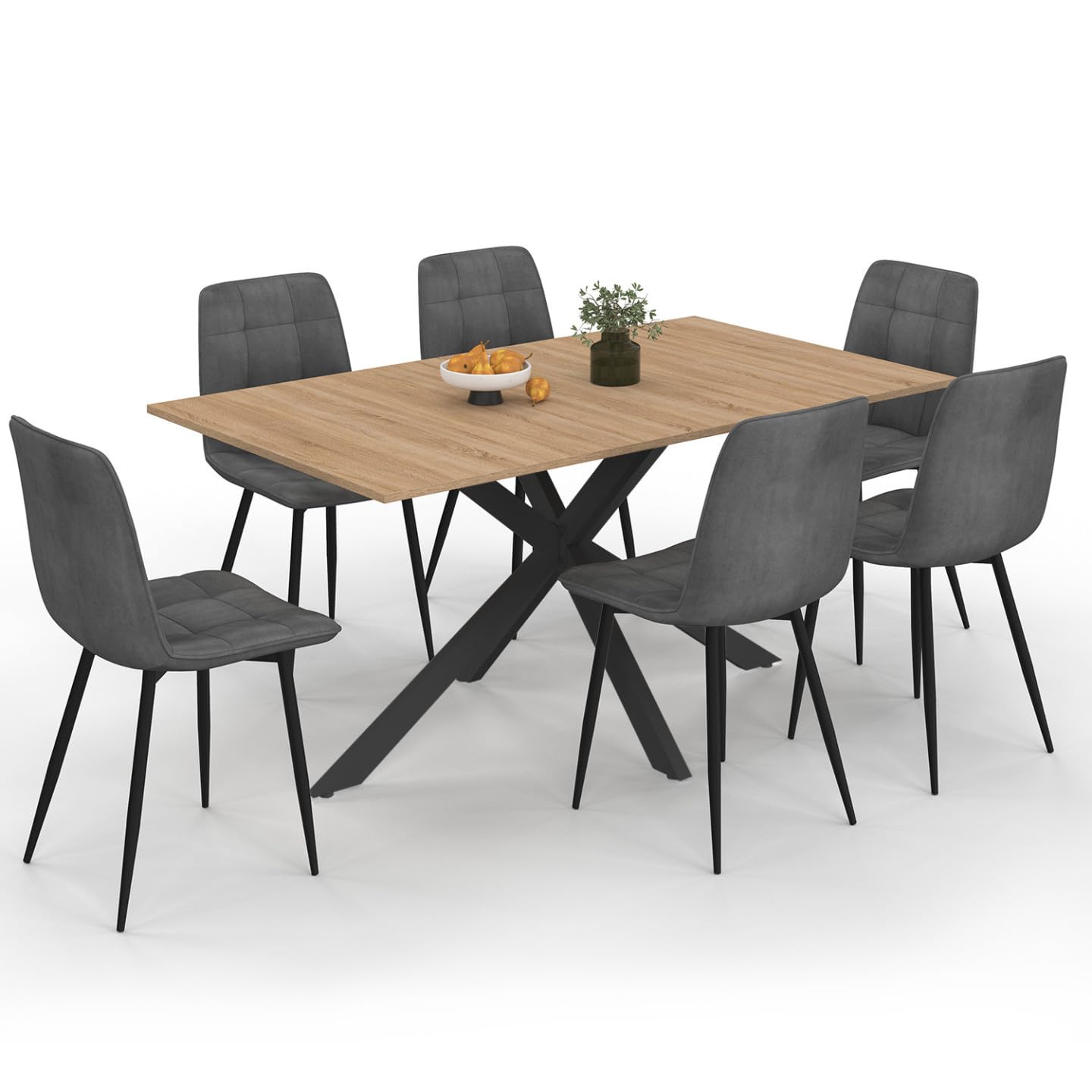 Ensemble Table à Manger Rectangle Alix 160 cm Bois Noir 6 Chaises Mila Velours Gris foncé