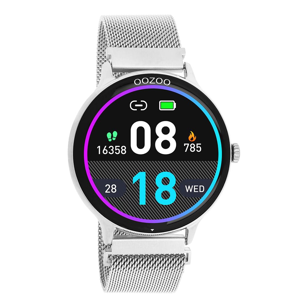 Oozoo - Versátil reloj inteligente para hombre con pulsera de malla de 20 mm | Rastreador de fitness con pulsómetro, podómetro y monitor del sueño | Smartwatch redondo compatible con iOS y Android |