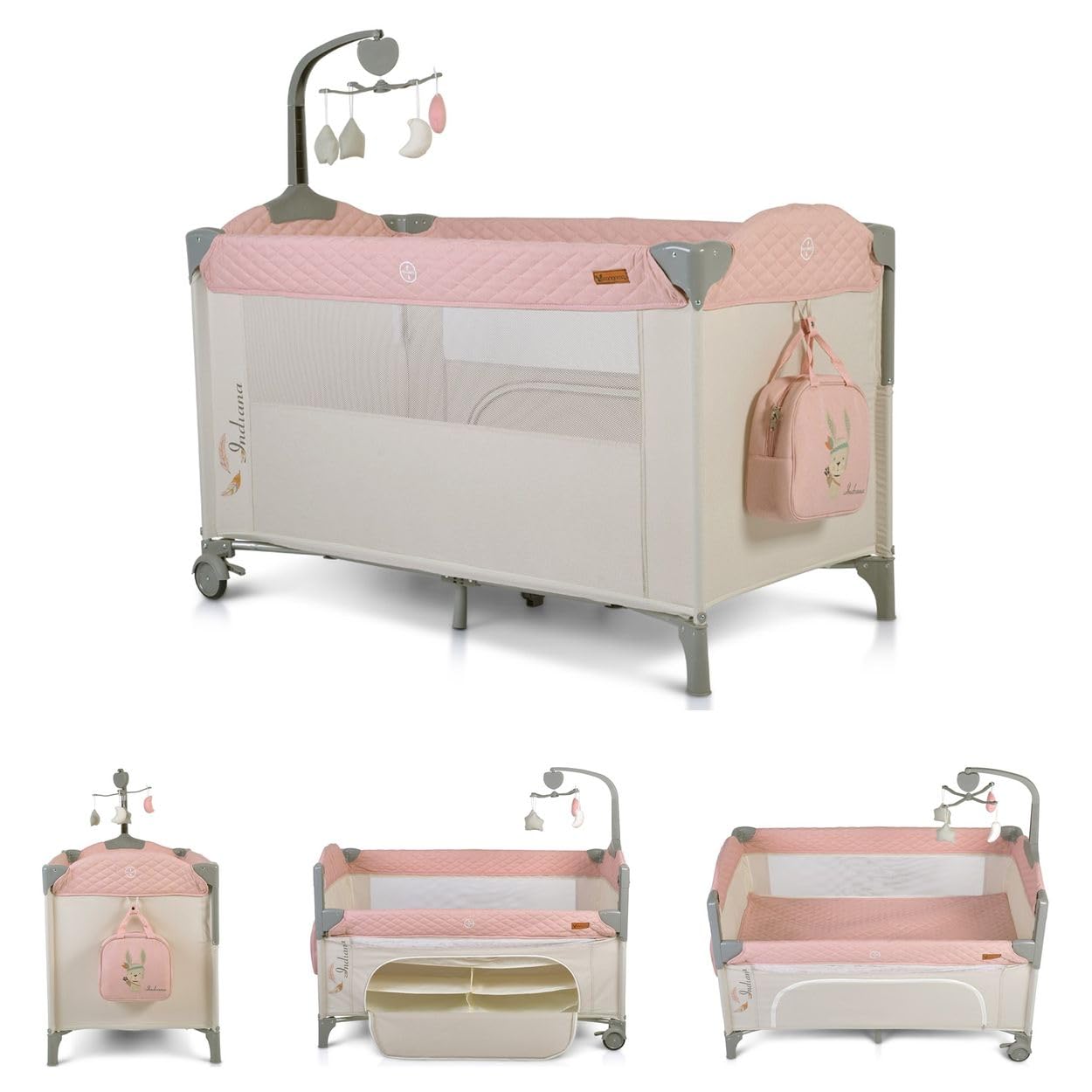 Cangaroo Indiana Camping Kinderbett, mit Musikmobil mit 4 Kuscheltieren, Organizer und eine Tragetasche, Rosa