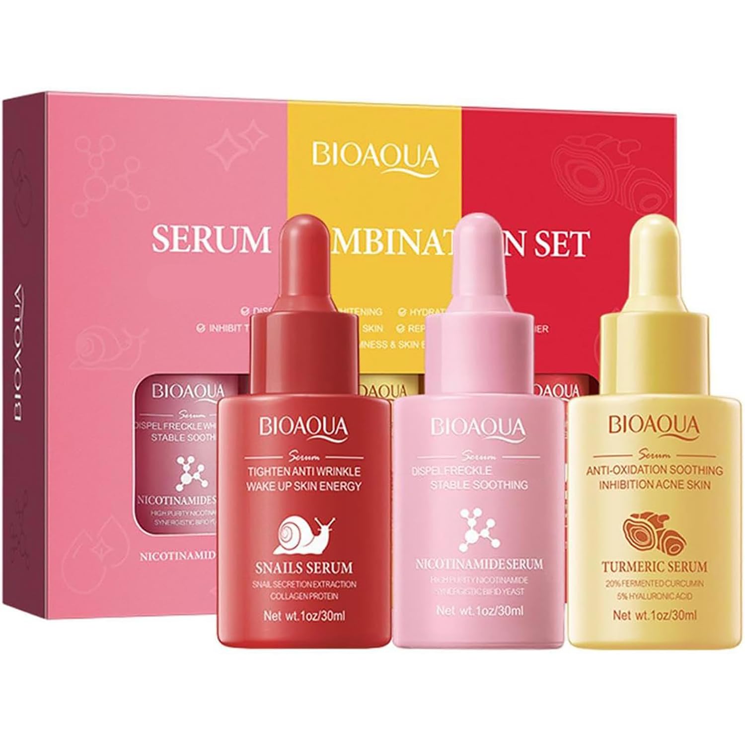 BIOAQUA 3in1 Facial Serum Combination Set Moisturizing Nicotinamide Turmeric Snail Secretion Anti-Oxidation Hydrate Anti-Wrinkle Tender Face Skin 3x