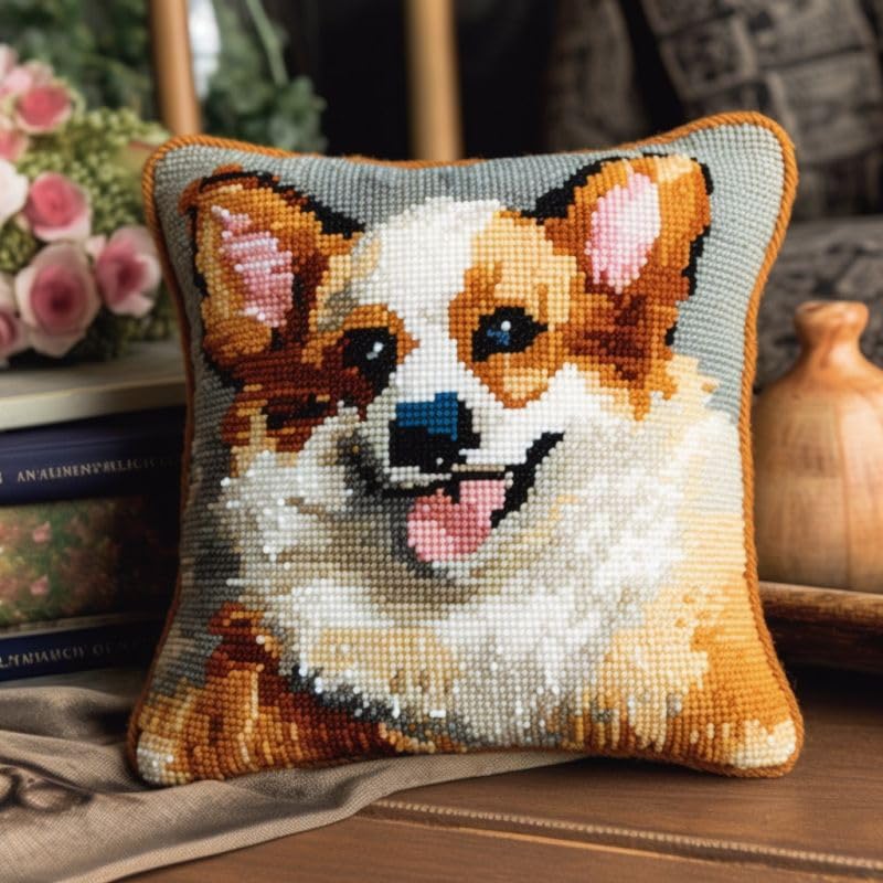 Corgi Latch Hook Kits Cushion Pillow Cover Set Latch Hook Kits Throw Pillowcase Craft Crochet Needlework Printed Pattern Canvas Cushion Cover Hand Craft 17 x 17 Inch