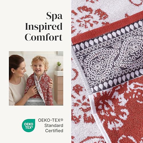 Image of Modern Threads 6 Piece Bath Towel Set - Bathroom Set with 2 Bath Towels, 2 Hand Towels, and 2 Wash Cloths - 100% Cotton, Super Absorbent & Extra Soft - Reversible Floral Trail (Rust Orange)