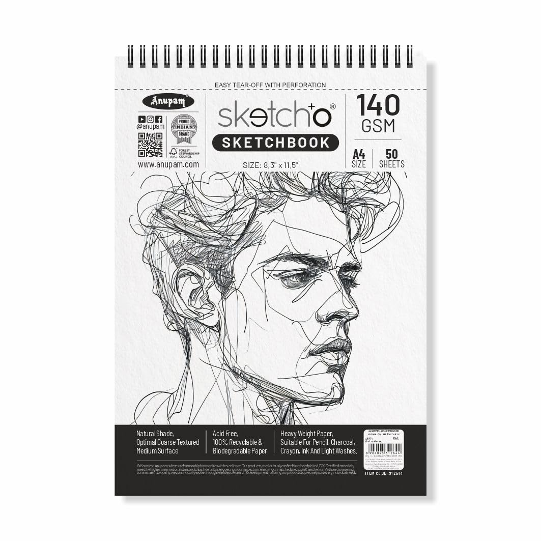 Anupam SketchO Sketch Book A4 Top Spiral Bound Sketchpad Acid Free Paper 140 GSM for Artists, Professional (50 Sheets, 100 Pages)