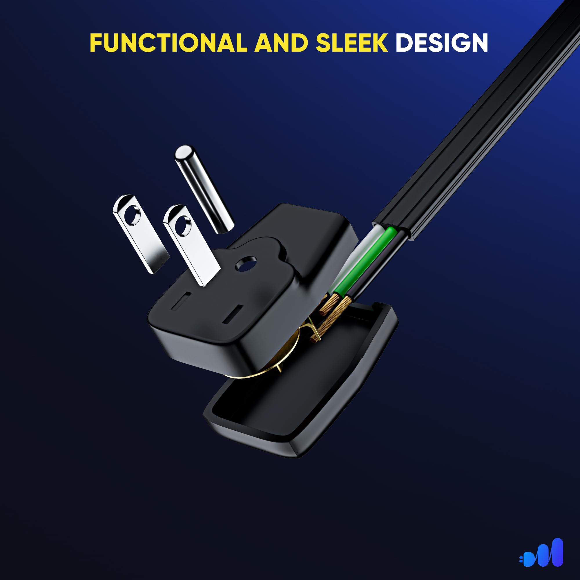 Maximm Cable de extensión resistente (30 pies), cable plano de 3 clavijas, cable de alimentación de 14 AWG, certificado UL, negro, ideal para uso doméstico y oficina, electrodomésticos, electrónica,