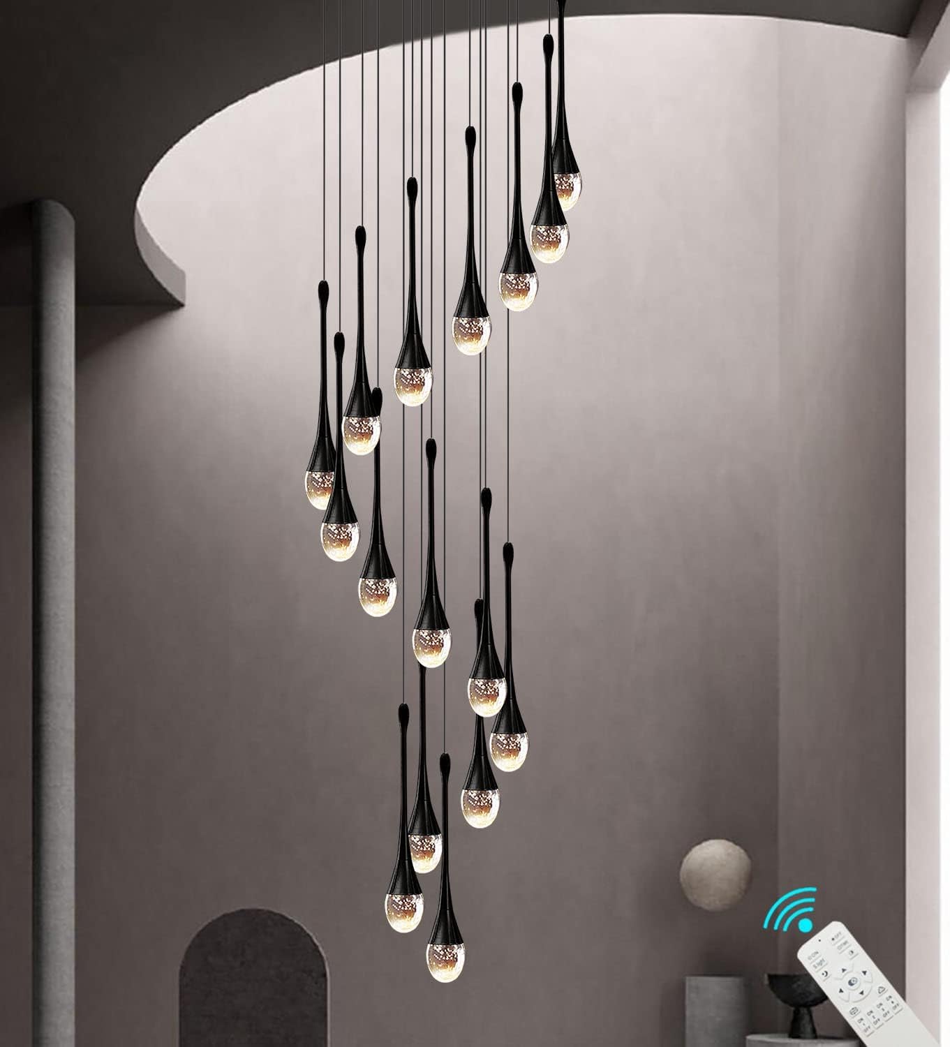 PCXEHUYP 120'' Crystal Chandeliers 16-Lights Black Long Staircase Chandelier Foyer High Ceiling Loft Slante LED Dimmable Fixtures