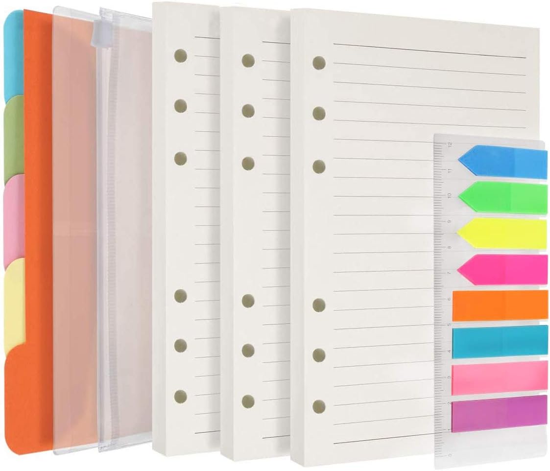 Deluxe A6 Refill Paper 3 Pack 270 Lined Pages + 5 Colored Binder Dividers + 160 Sticky Neon Index Flags with Ruler + 2 A6 Binder Pockets for 6 Ring Refillable A6 Binder Notebook Journal Planner