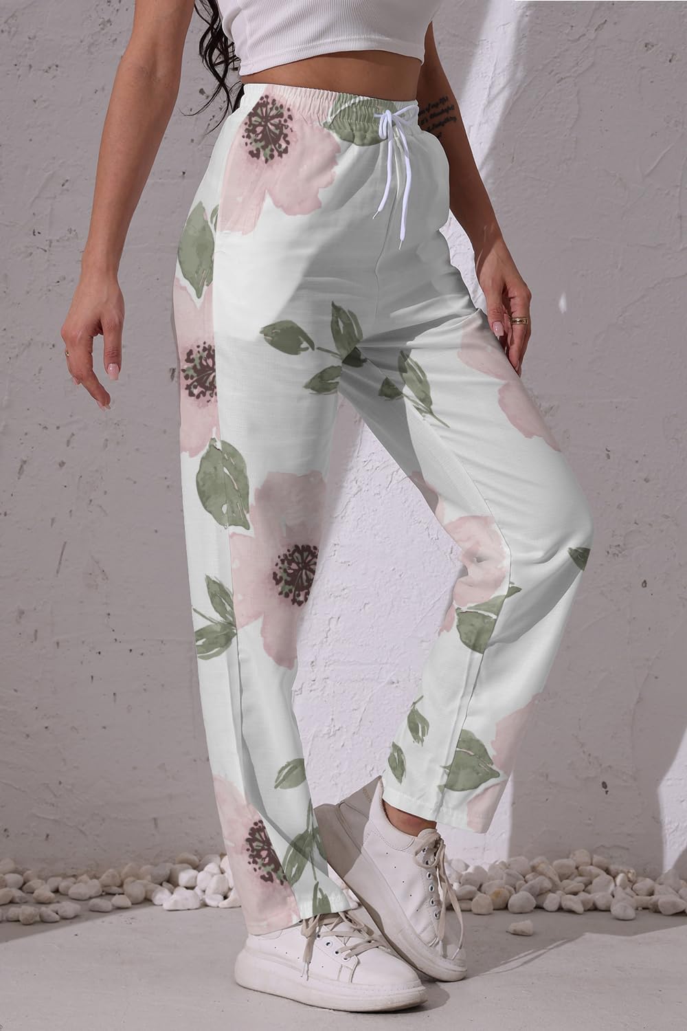 Women's Floral Linen Pants - Boho Beach Casual Pants Drawstring Pockets & Hawaiian Print