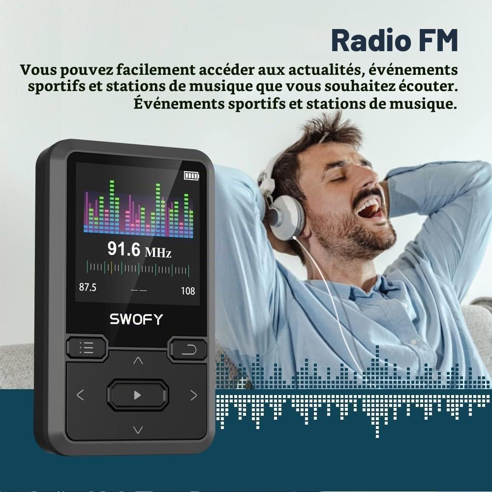 SWOFY Lecteur MP3 Bluetooth 5.0 avec clip sport, lecteur de musique mini portable 32 Go avec écouteurs, radio FM, compteur de pas, enregistrement vocal, prend en charge une carte SD jusqu'à 128 Go