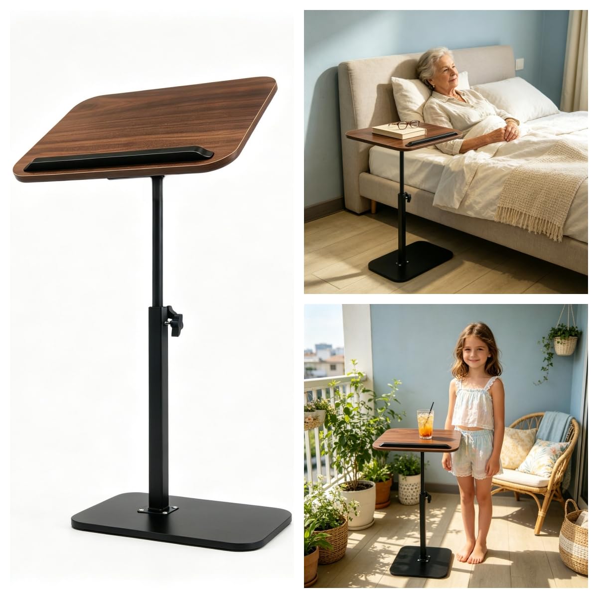Tavolino a forma di C regolabile in altezza (legno) | Tavolo per laptop girevole a 360°, inclinabile, per divano e letto, altezza regolabile da 45 a 80 cm, con barra antiscivolo