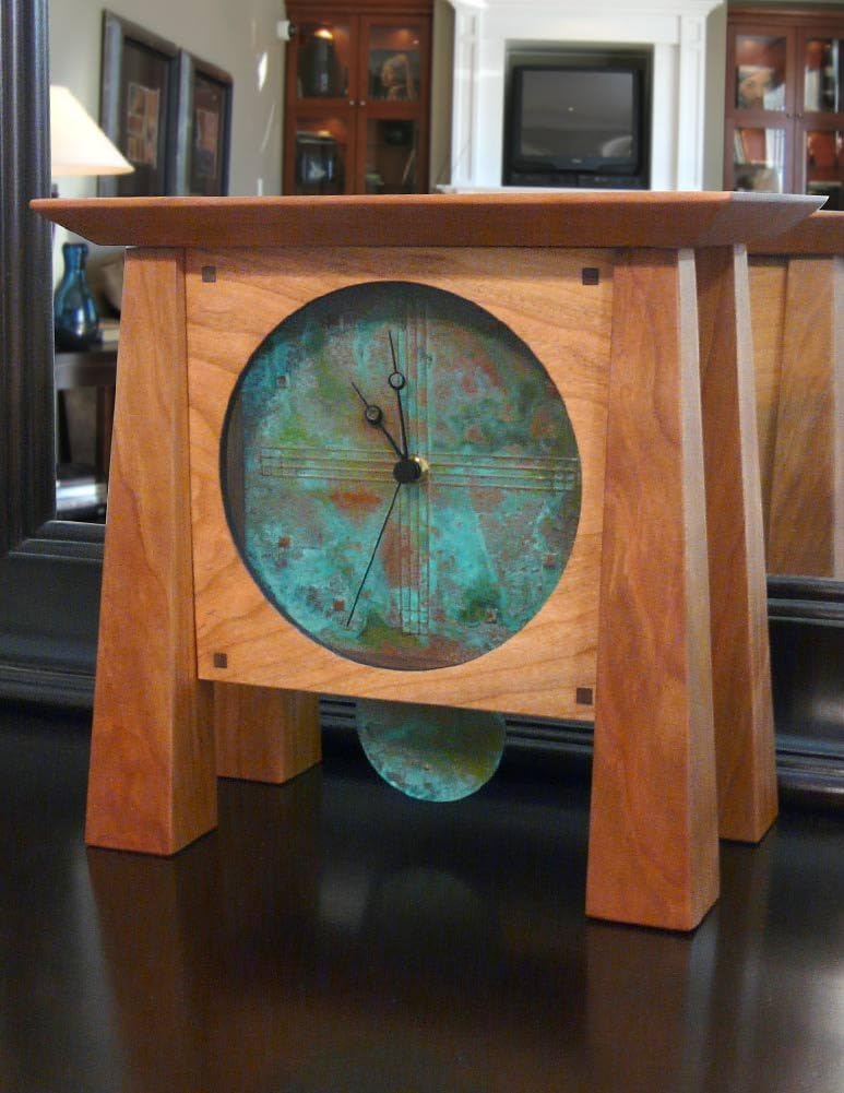 Modern Artisans Prairie Style Mantel/Shelf Clock with Copper Face and Pendulum, Handcrafted American Cherry Wood, 12"
