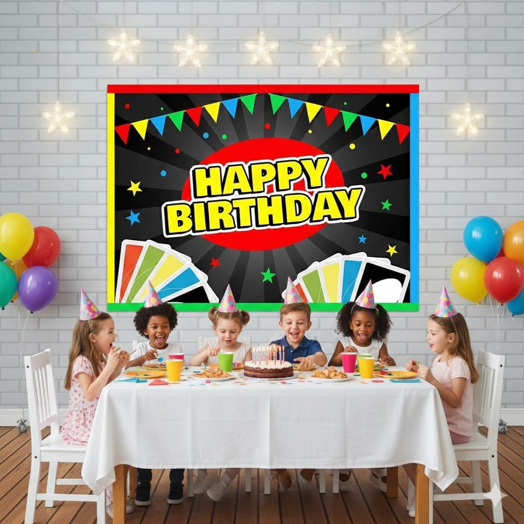 7x5ft Card Game Happy Birthday Backdrop Colorful Playing Cards Flags Game Night Party Cartoon Black Radial Stripe Bday Party Banner Decorations Supplies Photography Background Table Decor