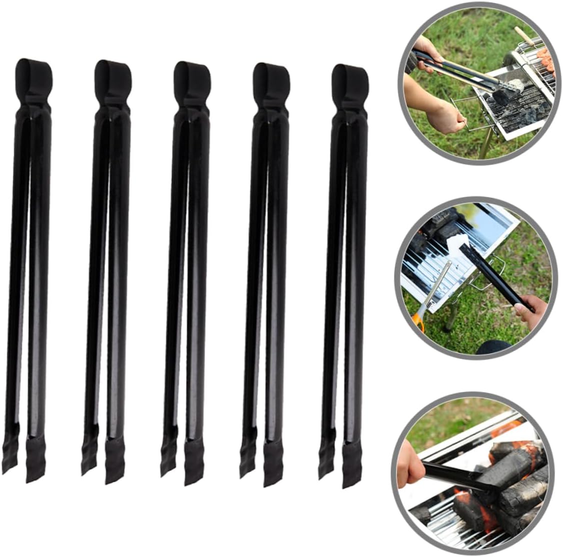 5pcs Black Metal Charcoal Tongs with Ergonomic Handle for Camping
