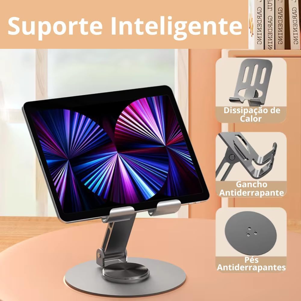 Suporte de Celular de Mesa em Alumínio com Base Rotativa 360° - Ajustável e Dobrável para Smartphones, iPhone, iPad e Tablets - Estável e Antiderrapante - Premium Metal