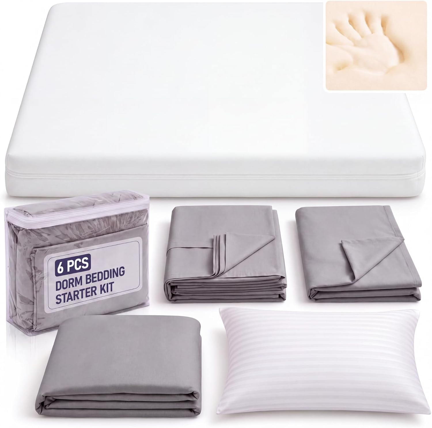 Ripeng Twin XL Mattress Topper 3 Inch Memory Foam, 6 Pcs Bedding Set, Gray