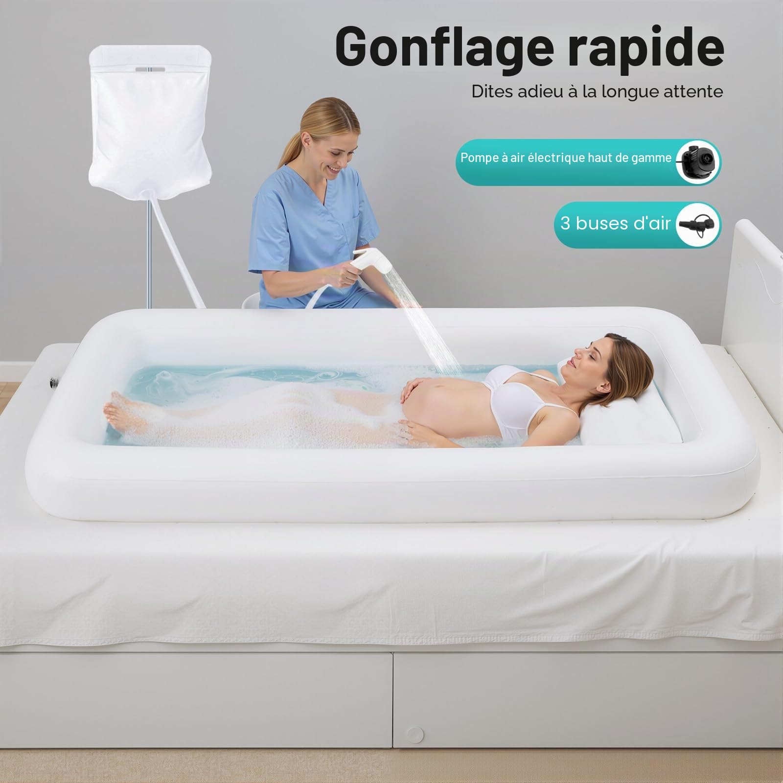 Baignoire gonflable, ensemble médical gonflable, baignoire en PVC avec pompe à air électrique, salle de bain pour personnes âgées, patients, femmes enceintes, 195 x 90 cm, blanc