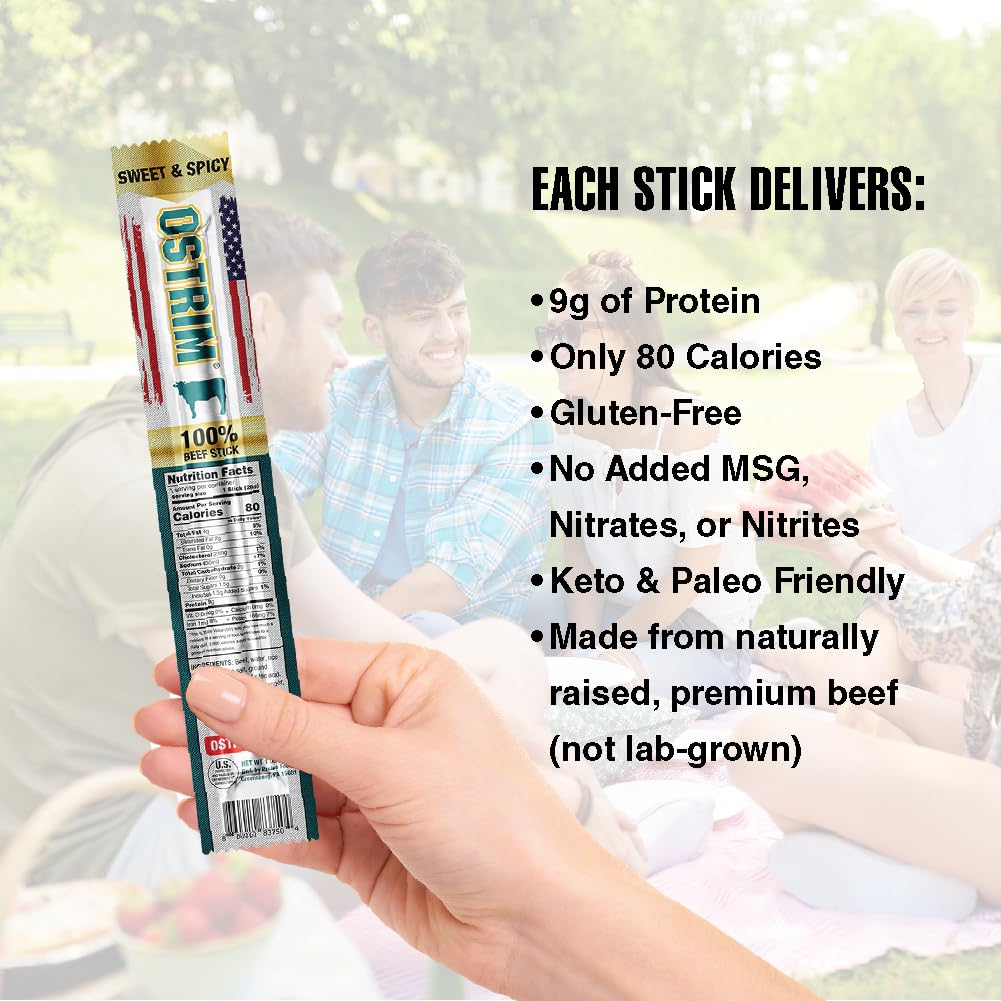 Ostrim Beef Snack Sticks, 1oz, High Protein, Keto & Paleo Friendly, Sugar Free, Gluten Free, No MSG, No Nitrates (Pack of 12) (1 oz, Sweet & Spicy)