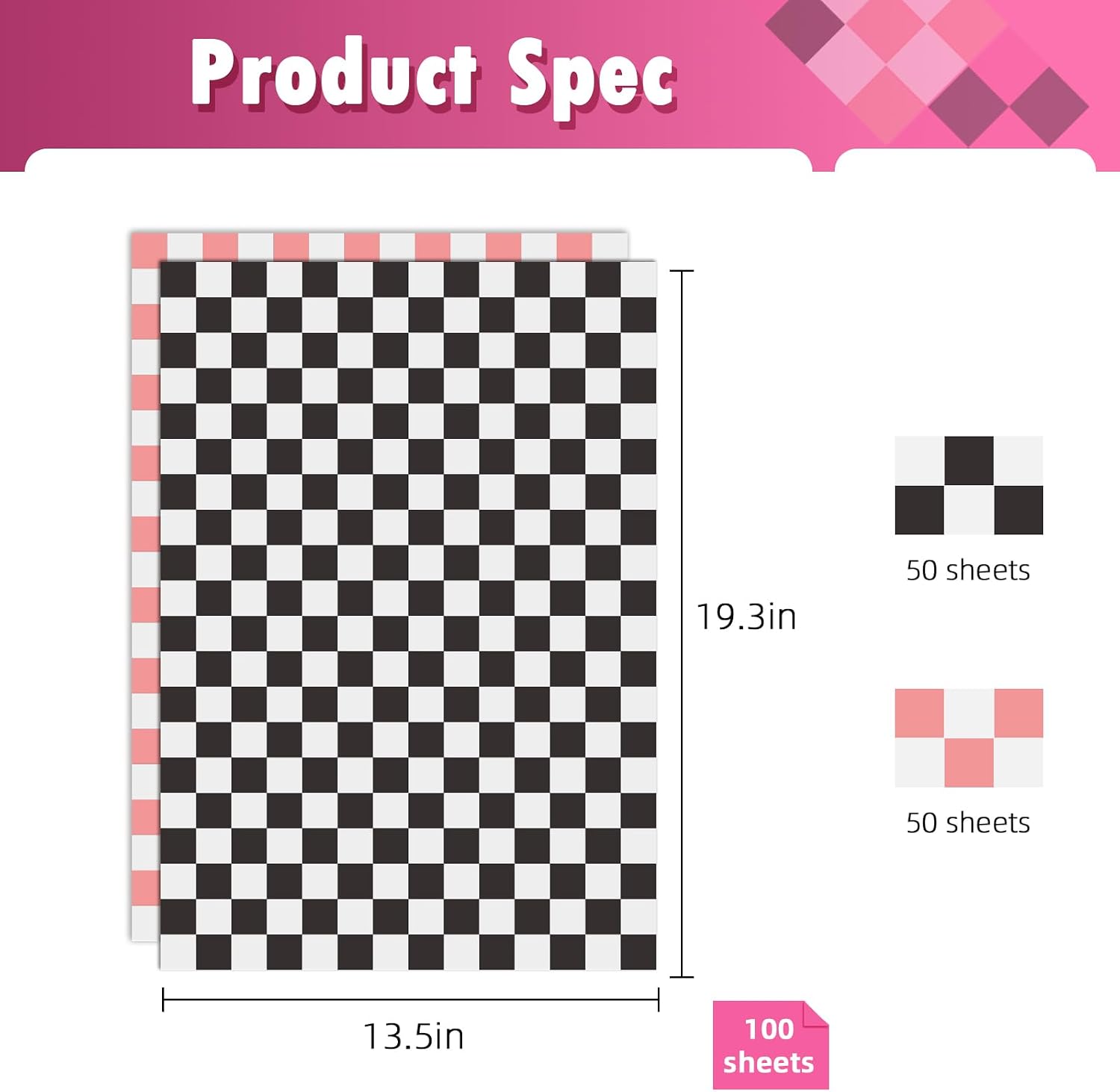 Ovenbird 100 Sheets Checkered Tissue Paper for Gift Bags, Assorted Cute Pink Black White Gingham Tissue Paper Bulk for Packaging Wrapping Crafts Birthday Wedding, 2 Patterns, 19.3 x 13.5 in