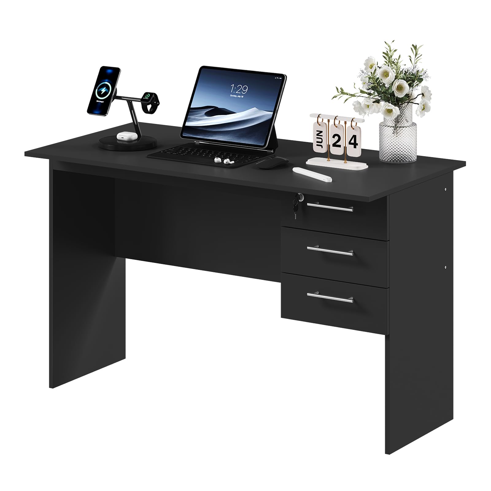WOLTU Escritorio con 3 Cajones, 120x60x75cm, Mesa de Ordenador, Mesa de Oficina, Mesa de PC Escritorio, Noir, TS59sz
