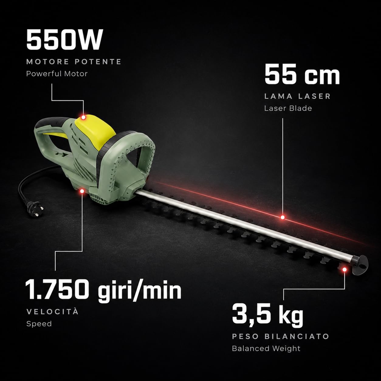 KOMBO - Tagliasiepi Elettrico 550W con Lama da 55 cm in Alluminio a Taglio Laser – Capacità di Taglio 16 mm, Velocità 1750 giri/min, Coprilama incluso – Classe 2, 230V