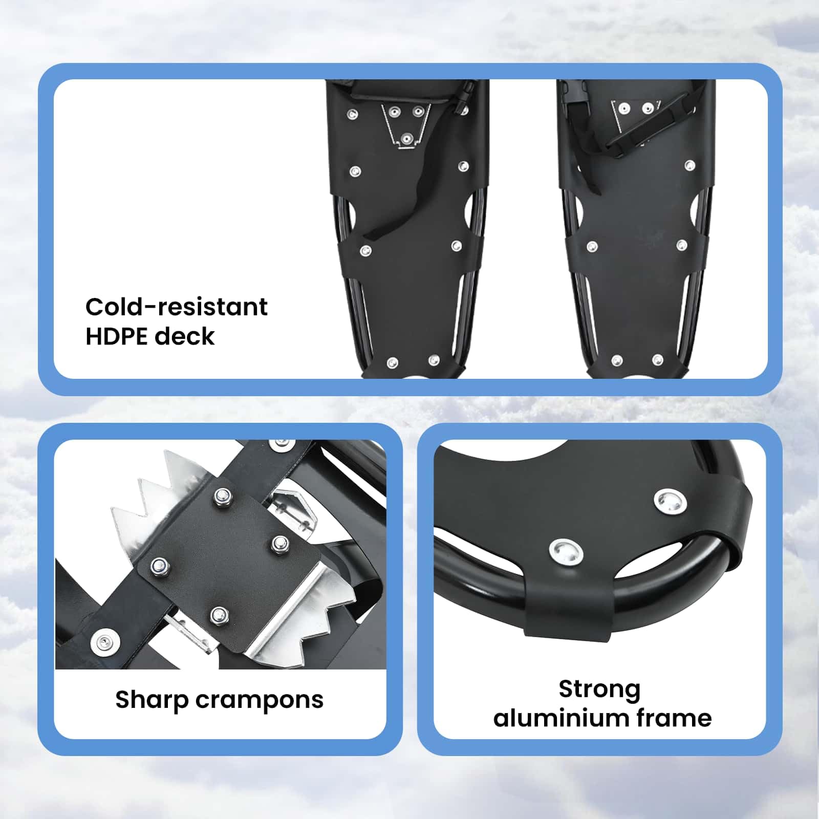 vidaXL Ciaspole 3 in 1 Nero 78,5 x 22 cm Alluminio e HDPE, Ciaspole in alluminio per il giardino, attrezzatura outdoor regolabile, accessori moderni per camminare sulla neve
