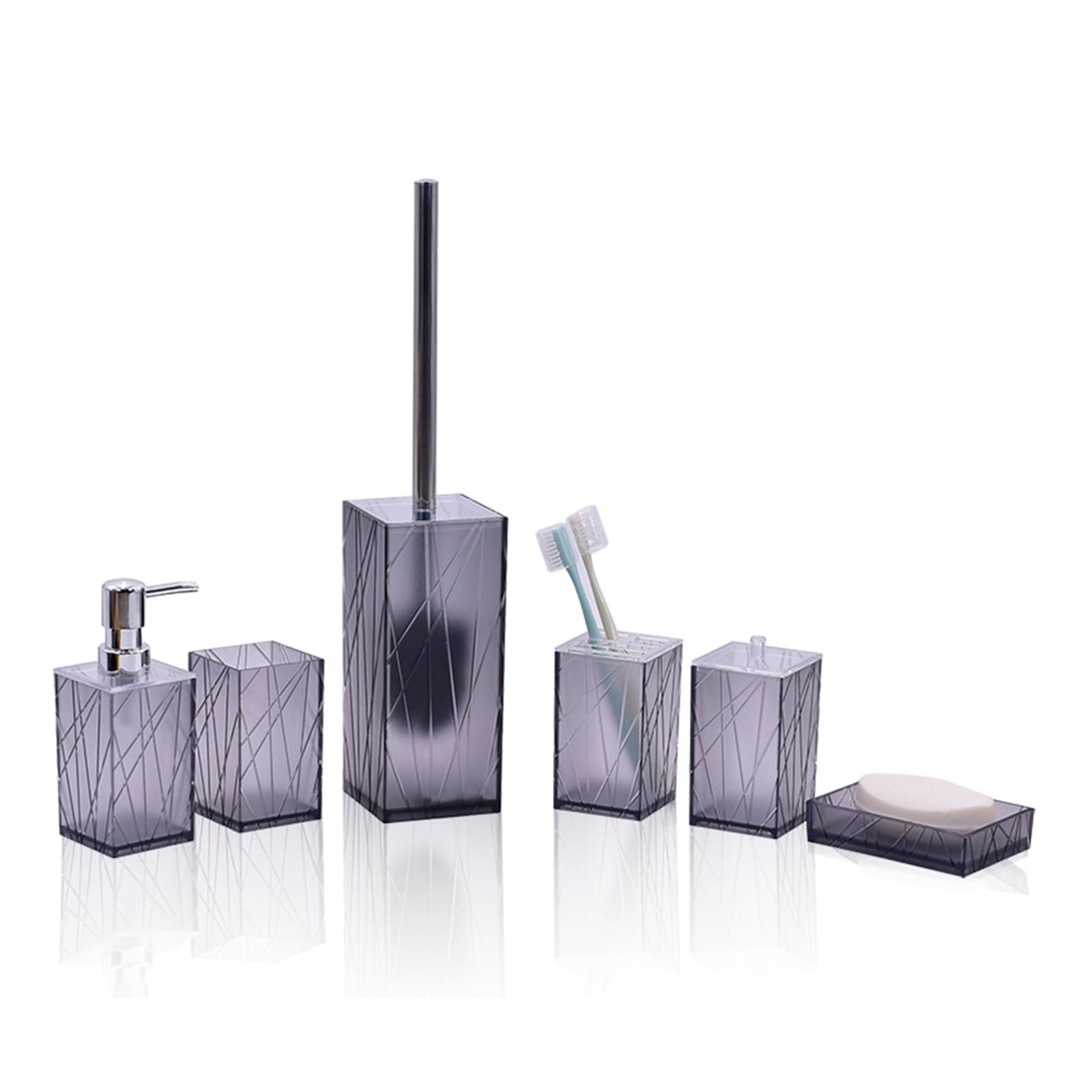 Soap And Toothbrush Holder Sets Plastic Bathroom Accessories Set Toilet Brush Soap Dispenser Mouthwash Cup Toothbrush Holder Soap Dish Cotton Swab Box(T230-6 grey)