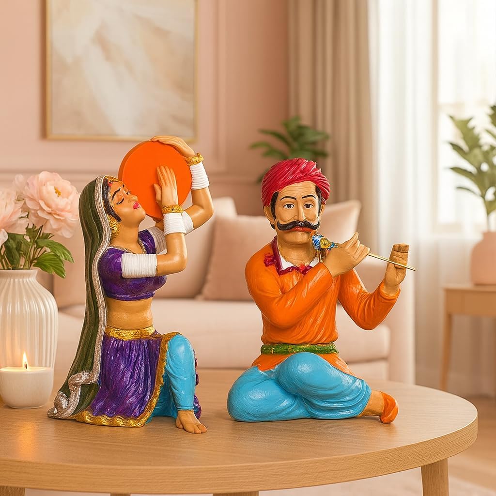 Xtore Resin Rajasthani Traditional Musical Couple Decorative Showpiece for Home Decor (Pack of 2, Multicolor)