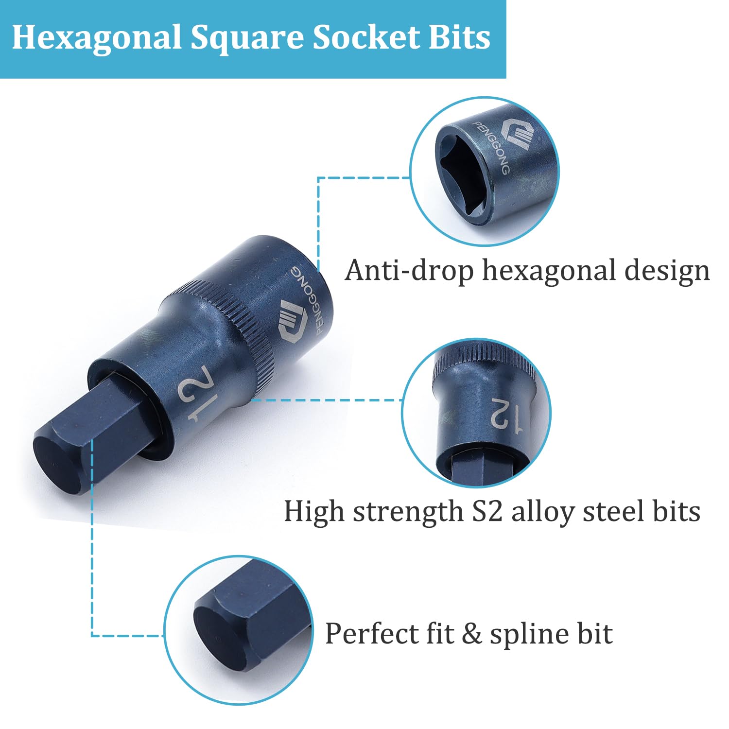 Juttzzei 1/2" Drive x H12 Hex Bit Socket, 12mm Allen Key Square Socket, Premium S2 Steel H12 Hex Bit with 2" Length - Image 4