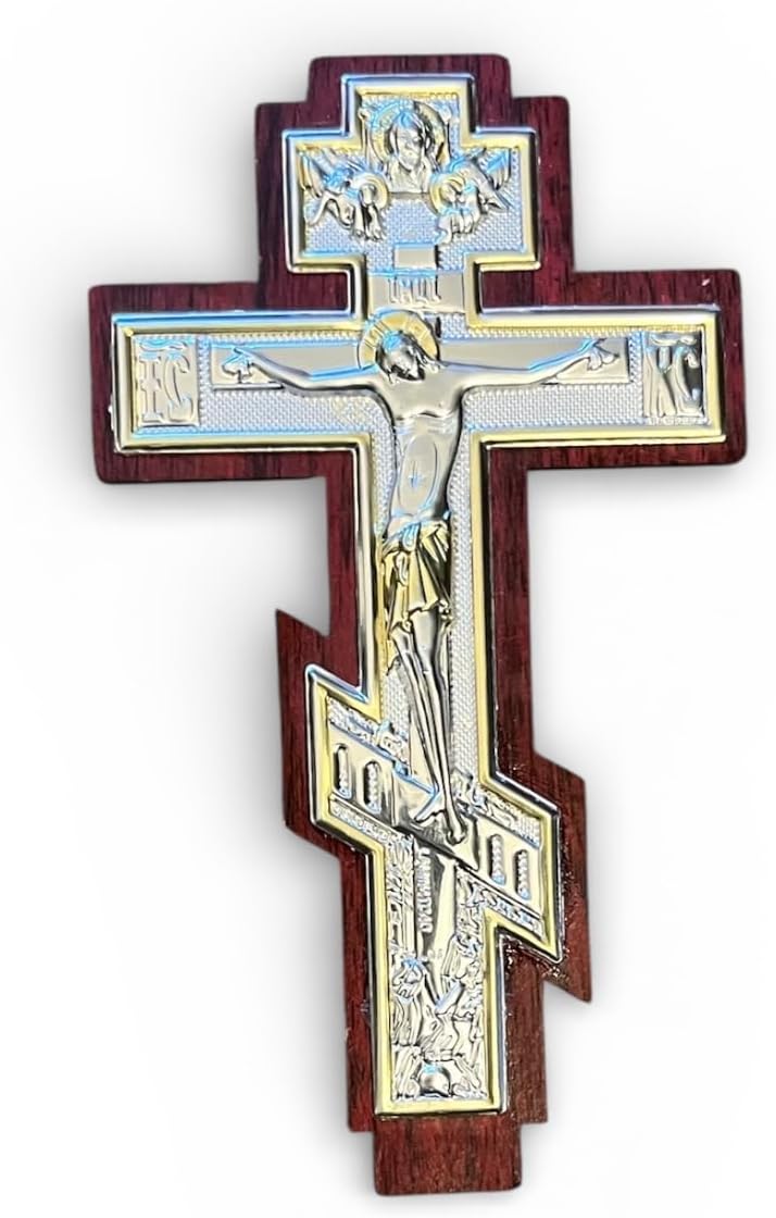 Eastern Orthodox Altar Pack, 3 Piece Religious Icon Set with Wooden Crosses and Madonna Icon, Traditional Christian Home Decor Greek Russian Orthodox Art